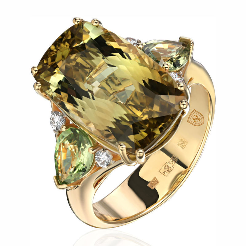 Кольцо из желтого золота 585 пробы с турмалинами, сапфирами и бриллиантами 01К6314797-1