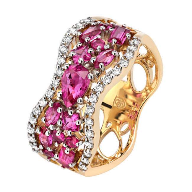 Кольцо из комбинированного золота 750 пробы с рубинами и бриллиантами 01К684250-4