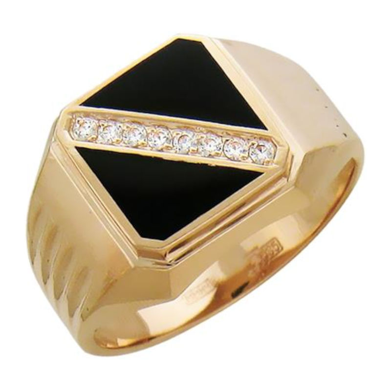 Перстень из красного золота 585 пробы с фианитом и ониксом 01Т415008-1