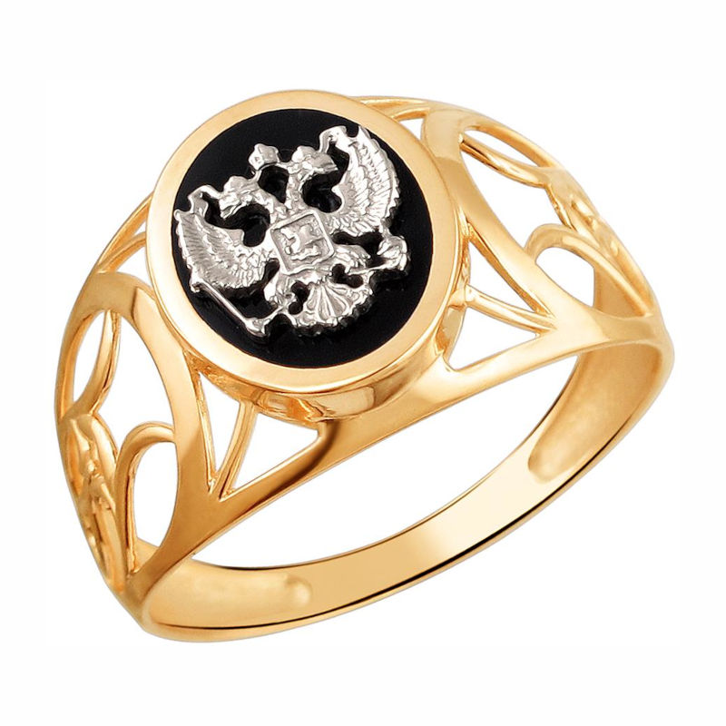 Перстень из комбинированного золота 585 пробы с ониксом 01Т4611721-1