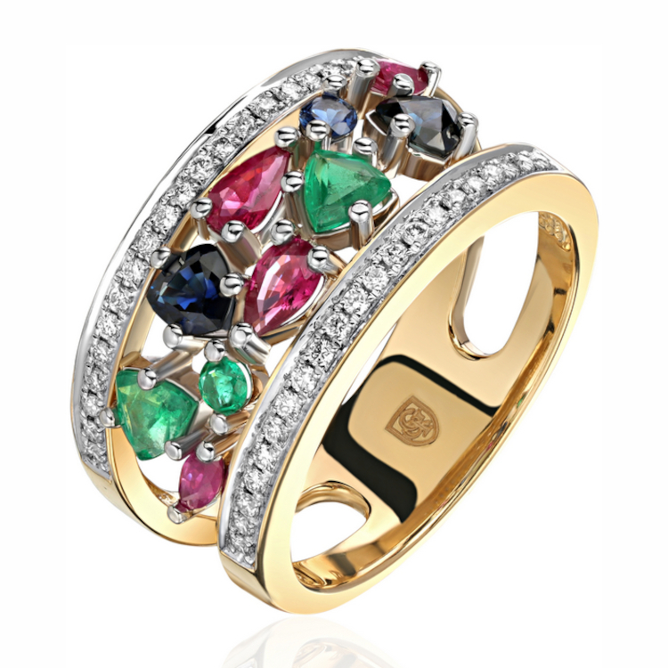 Кольцо из комбинированного золота 750 пробы с сапфирами, изумрудами, рубинами и бриллиантами 01К682902-4