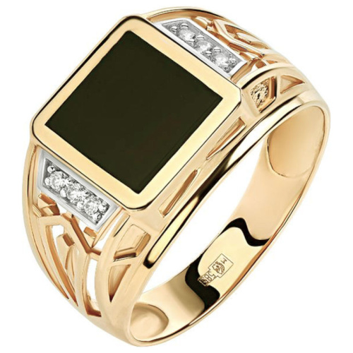 Перстень из желтого золота 585 пробы с фианитом и агатом 01Т4311712-1